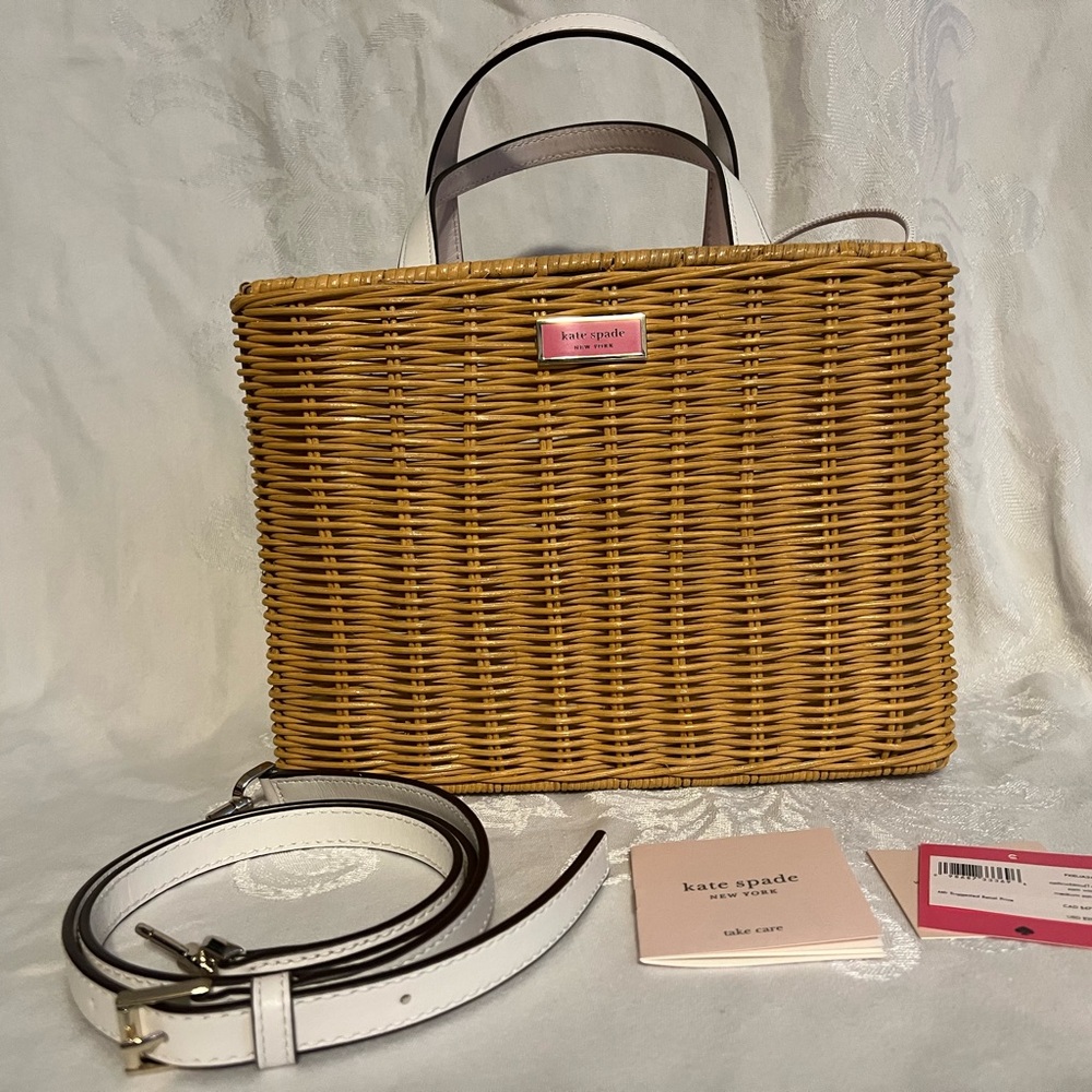Kate Spade “Sam” wicker medium satchel with white and floral interior lining